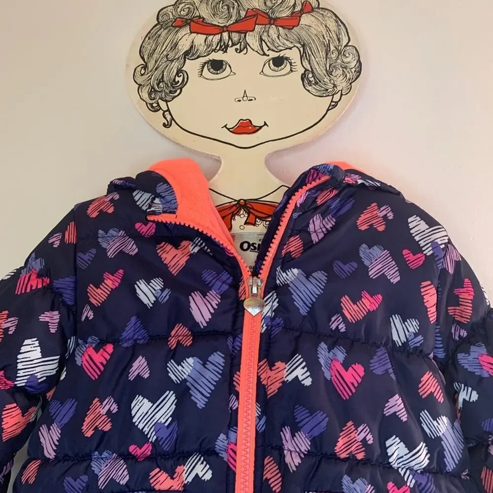 OSHKOSH B’GOSH Girl’s Navy Puffer Coat with Hearts & Fleece Lining / Size: 3T
